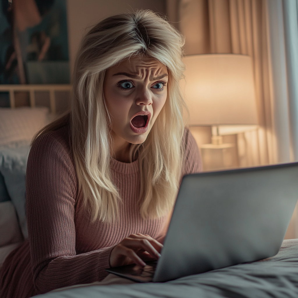 A woman feels a whirlwind of emotions while using her laptop in bed | Source: Midjourney