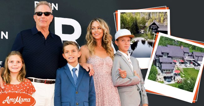 Kevin Costner with family at 20th Century Fox movie premiere "The art of racing in the rain" at the El Capitan Theater on August 1, 2019 in Los Angeles, California.  Inset: Pictures of his Aspen property |  Source: Facebook / Extra TV |  YouTube / CNBC Make It