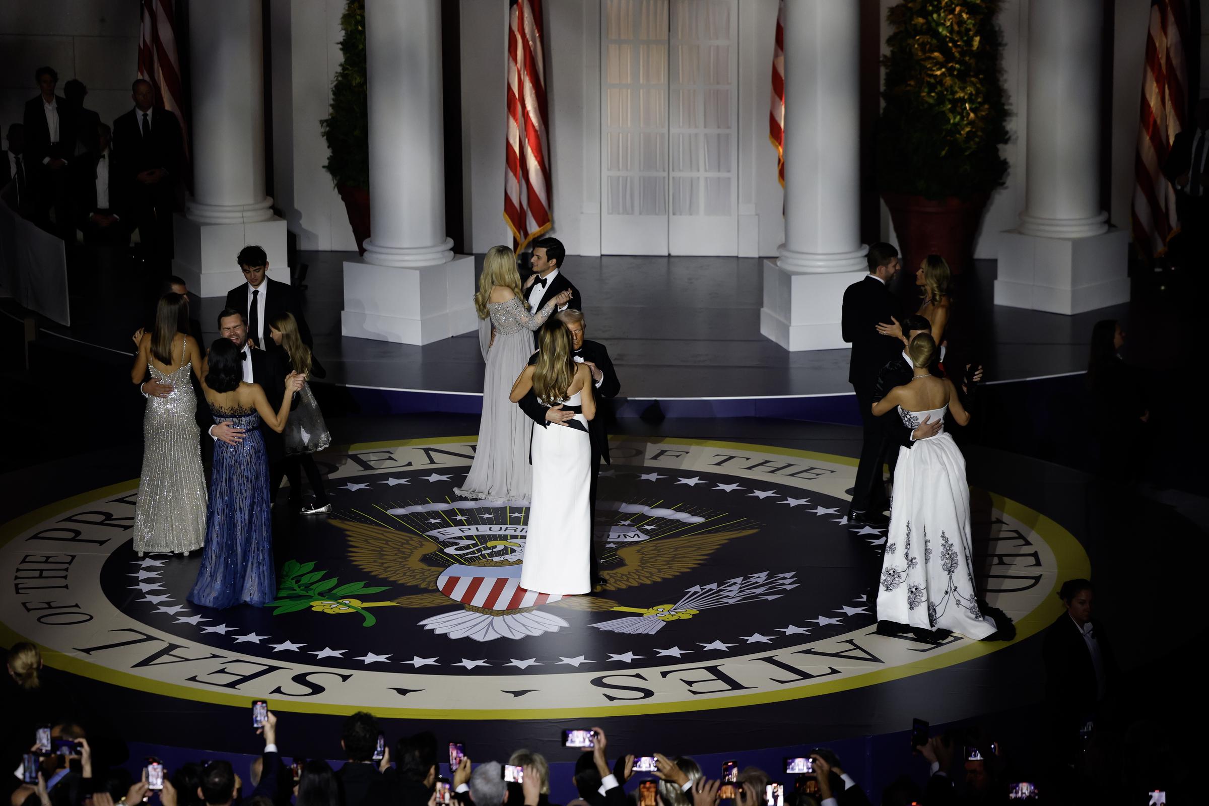 Vice President JD Vance, Usha Vance, Tiffany Trump, Michael Boulos, Melania Trump, President Donald Trump, Lara Trump, Eric Trump, Ivanka Trump and Jared Kushner at the Liberty Ball on January 20, 2025, in Washington, DC. | Source: Getty Images