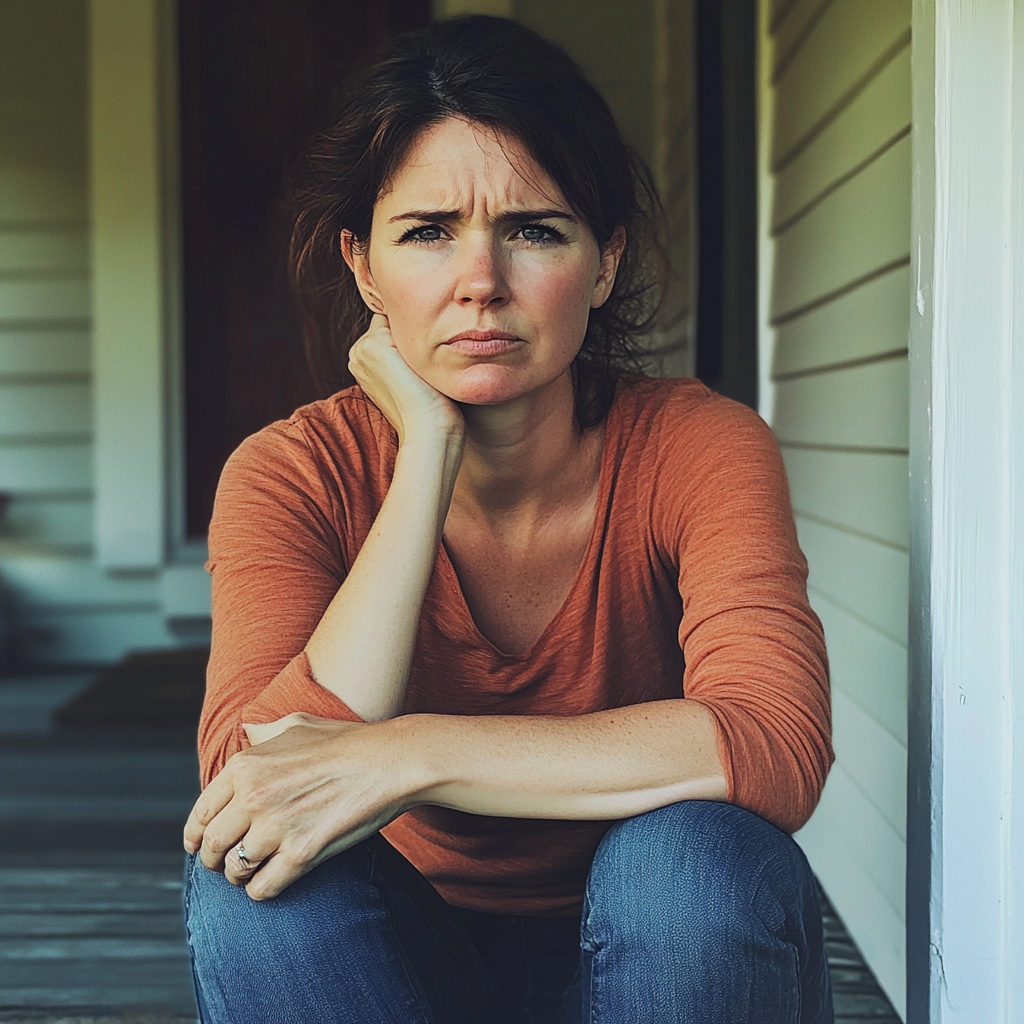 An upset woman sitting on a porch | Source: Midjourney