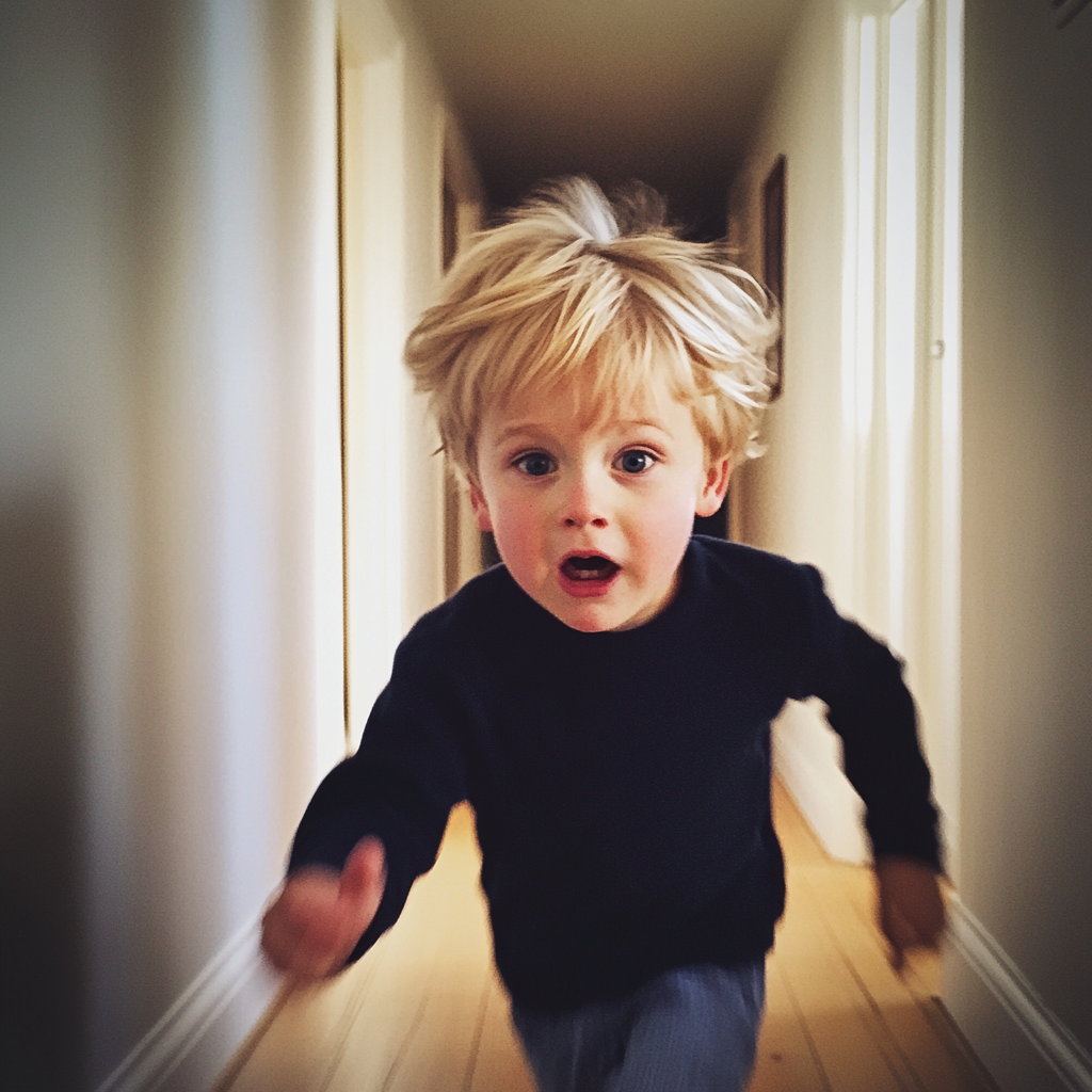 A little boy running down the hallway | Source: Midjourney