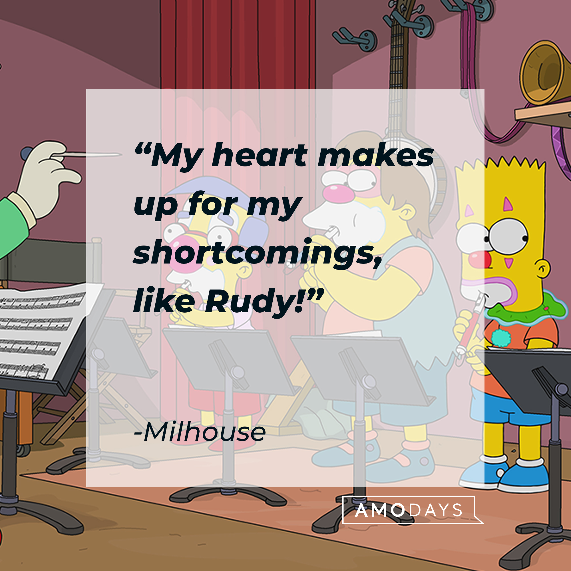 Nelson Mandela Muntz, Bart Simpson, and Milhouse, with Milhouse's quote: “My heart makes up for my shortcomings, like Rudy!” | Source: facebook.com/TheSimpsons