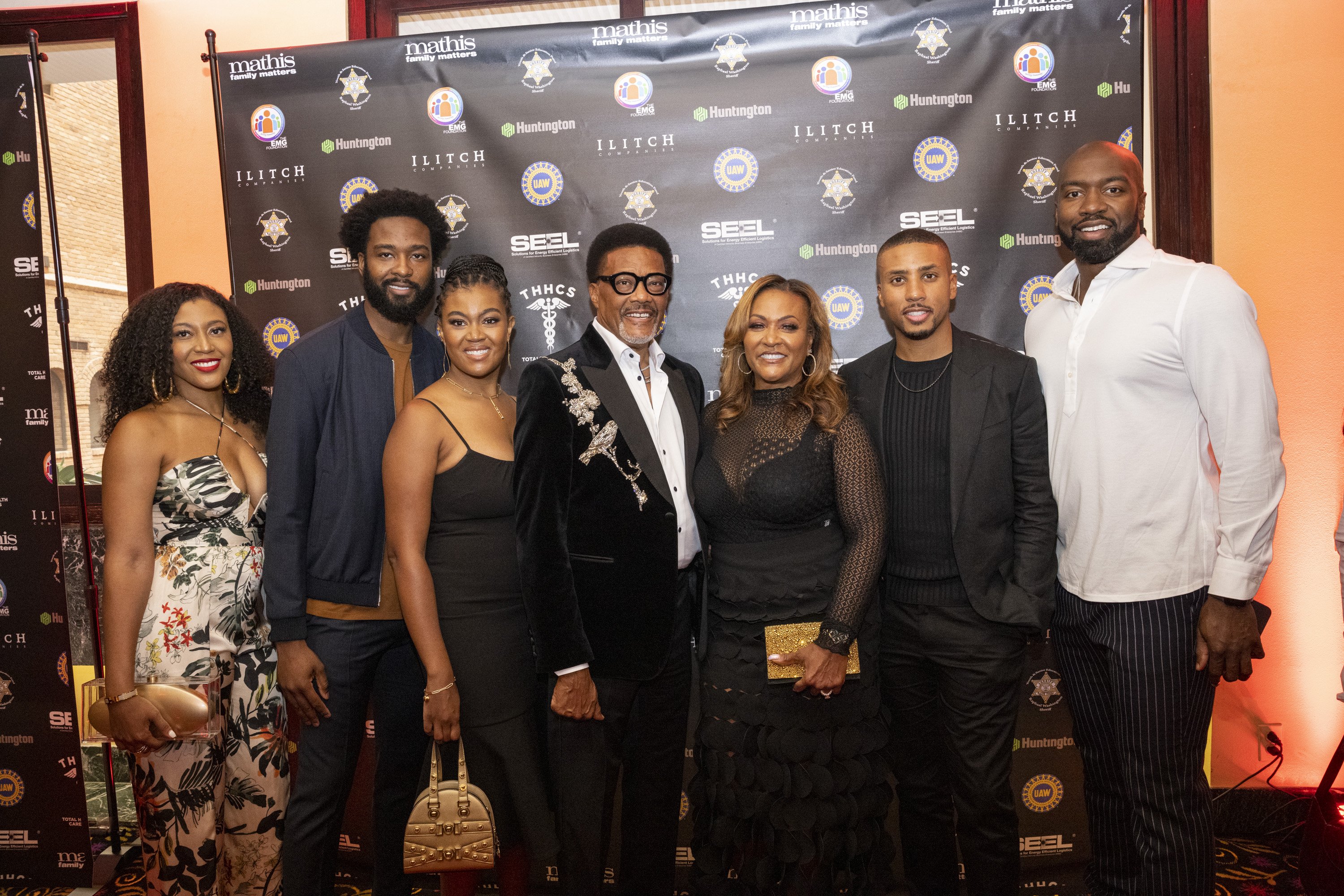 (L-R) Jade Mathis, Ryan Webb, Camara Mathis, Judge Greg Mathis, Linda Resse Mathis, Greg Mathis Jr. and Elliot Cooper attend The Hollywood Walk Of Fame Celebration at International Banquet Center, on July 29, 2022, in Detroit, Michigan. | Source: Getty Images