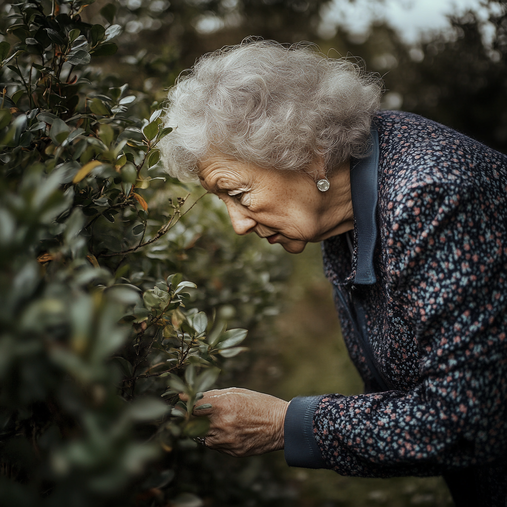 Senior woman searching for something in the bush | Source: Midjourney