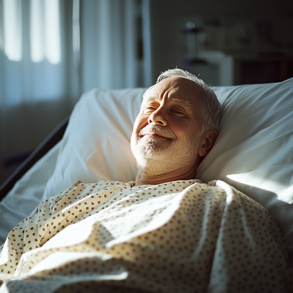 Um homem sorrindo em uma cama de hospital | Fonte: Midjourney