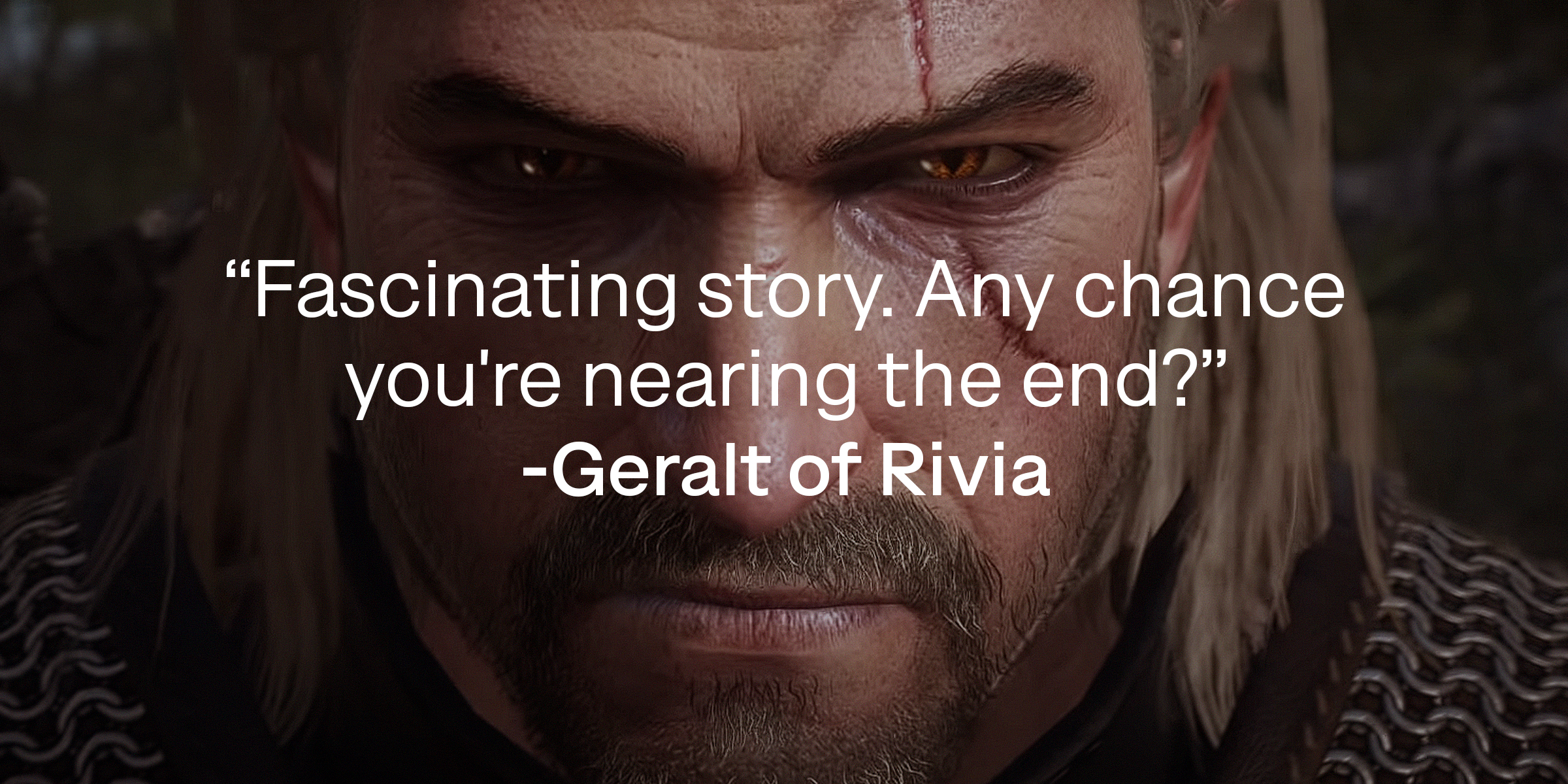 Geralt of Rivia's quote: "Fascinating story. Any chance you're nearing the end?" | Source: youtube.com/CDPRED