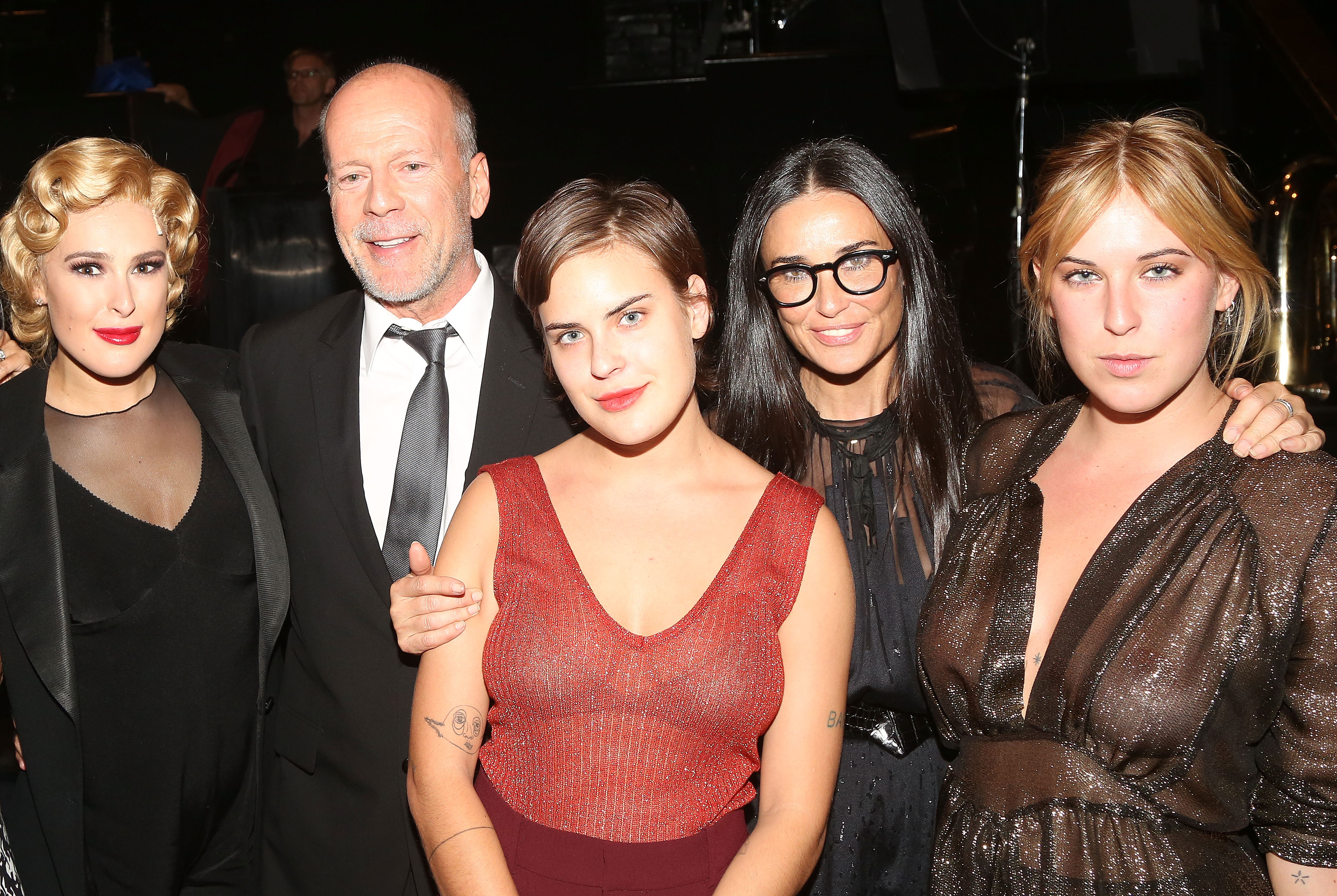 Rumer Willis, Bruce Willis, Tallulah Belle Willis, Demi Moore, and Scout LaRue Willis as Rumer makes her broadway debut as "Roxie Hart" in "Chicago" on September 21, 2015, in New York City. | Source: Getty Images