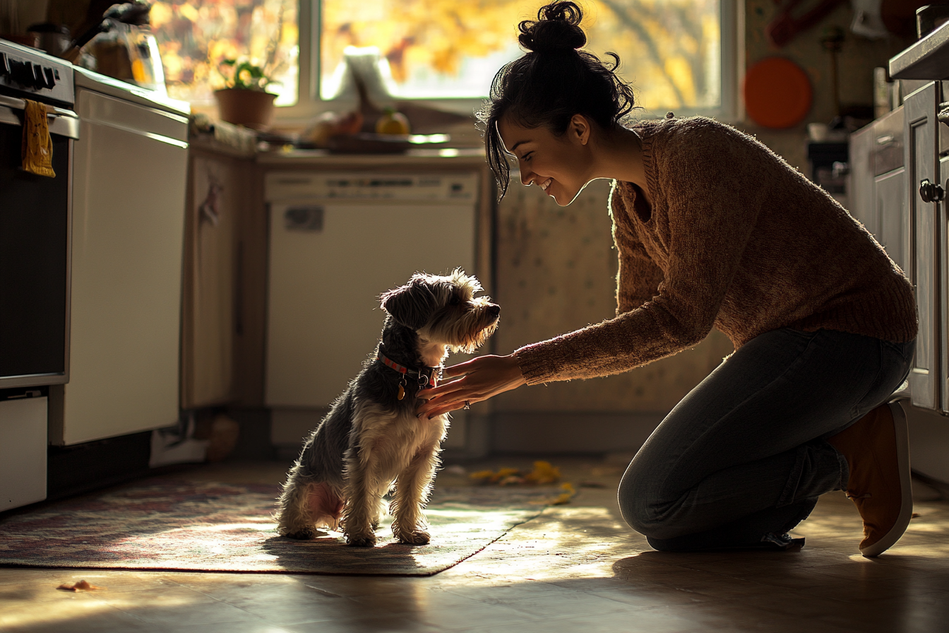 A woman petting a dog in the kitchen | Source: Midjourney