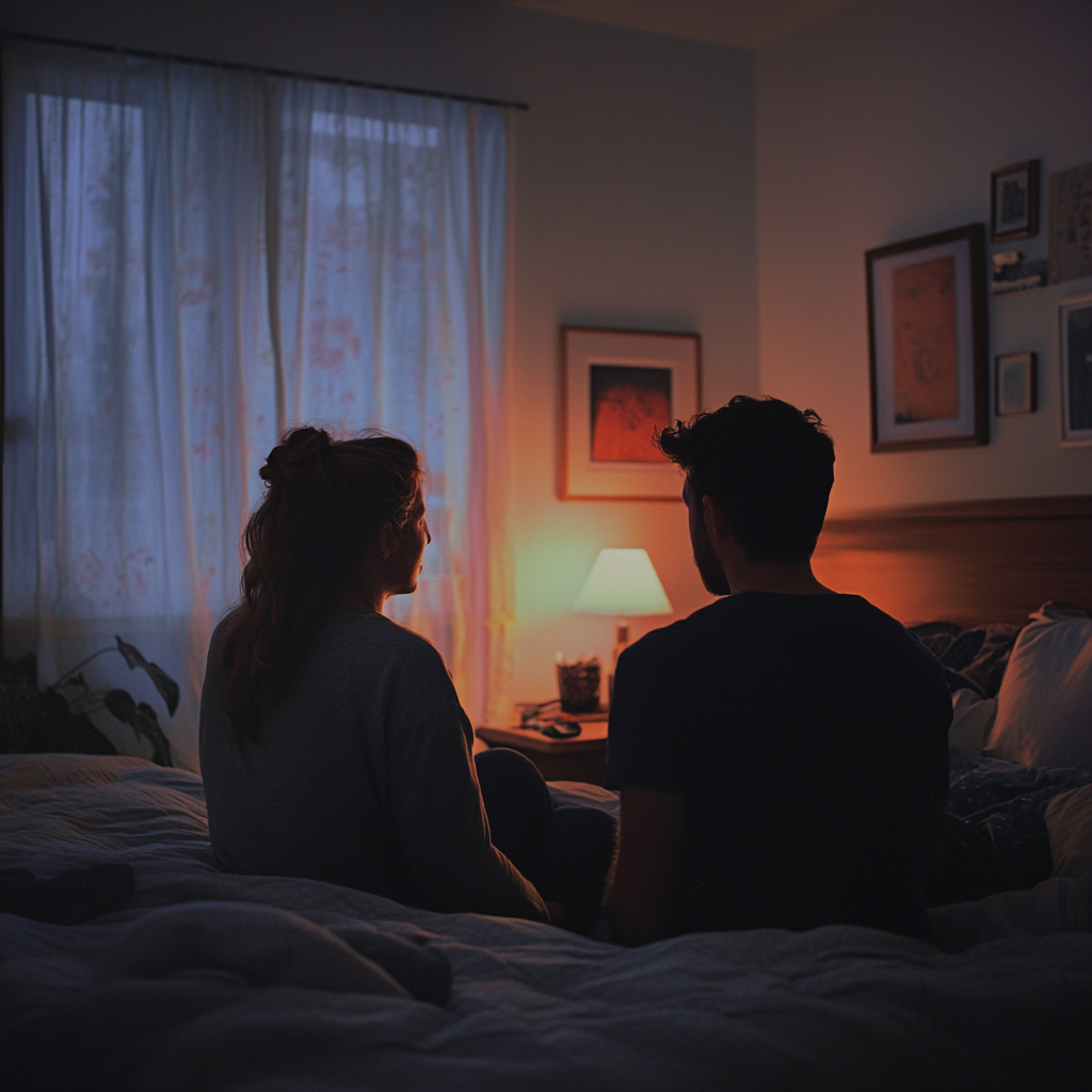 Couple having a conversation in their bedroom | Source: Midjourney