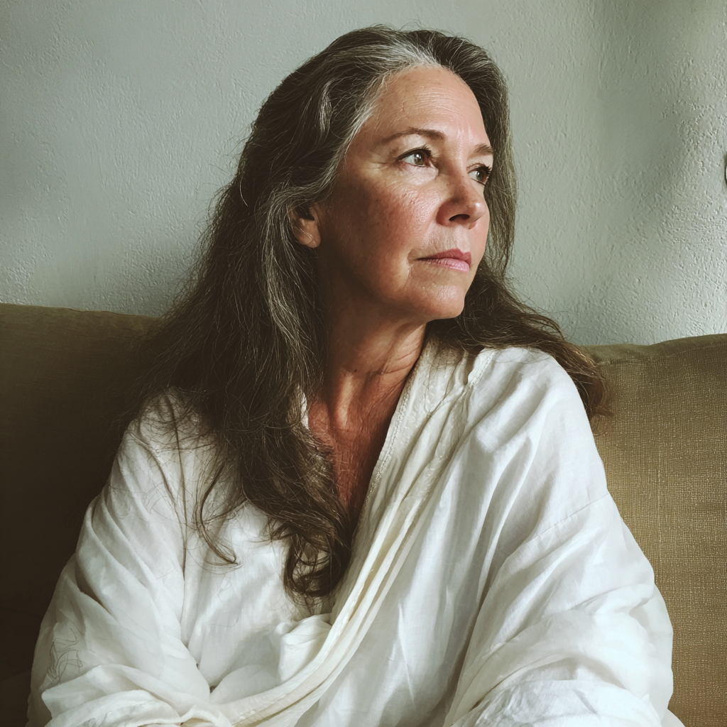 A pensive older woman sitting on a couch | Source: Midjourney