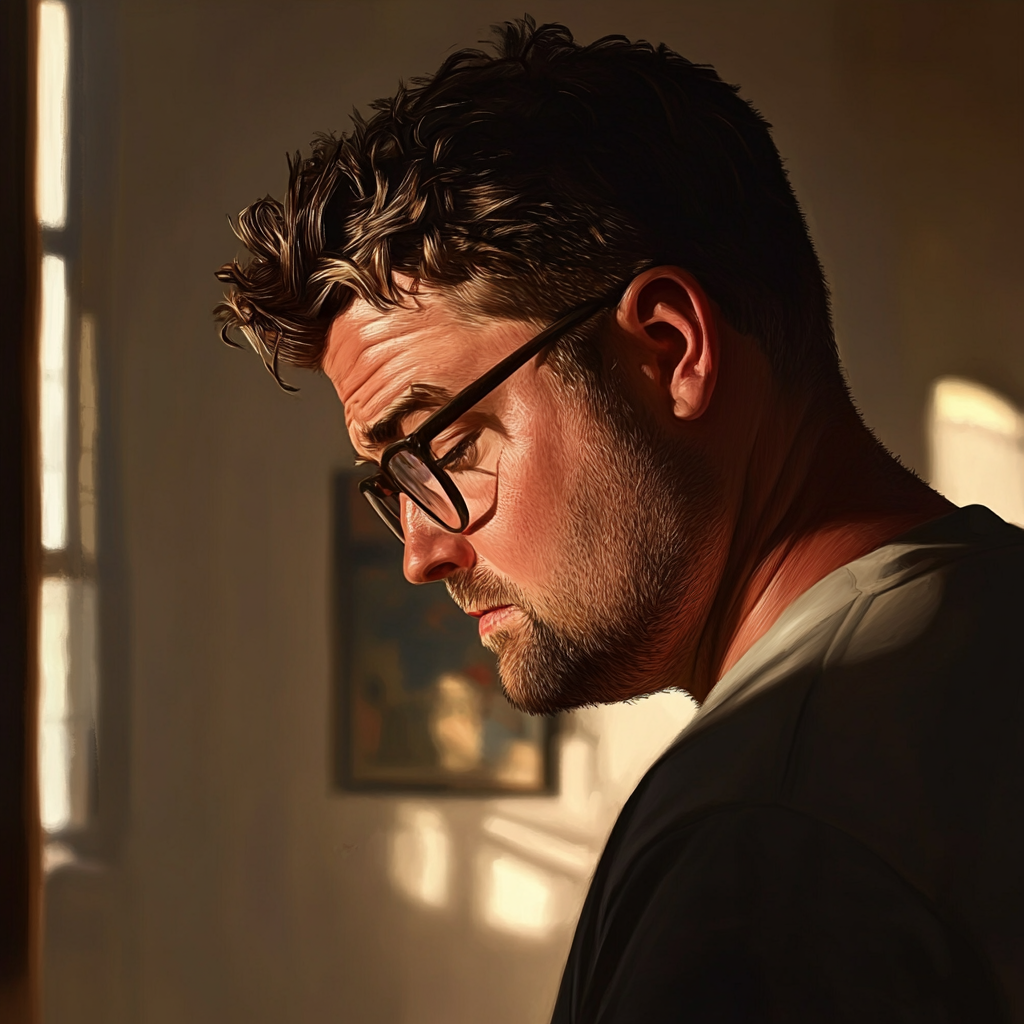 A sad man with his eyes downcast | Source: Midjourney