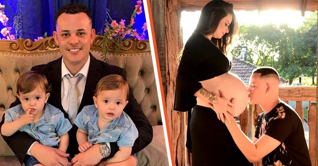 [Left] Diego Rodrigues holding his baby twins Guilherme and Gustavo; [Right] Diego Rodrigues kissing his wife Larissa Blanco's pregnant belly. ┃Source:facebook.com/Diego Rodrigues 