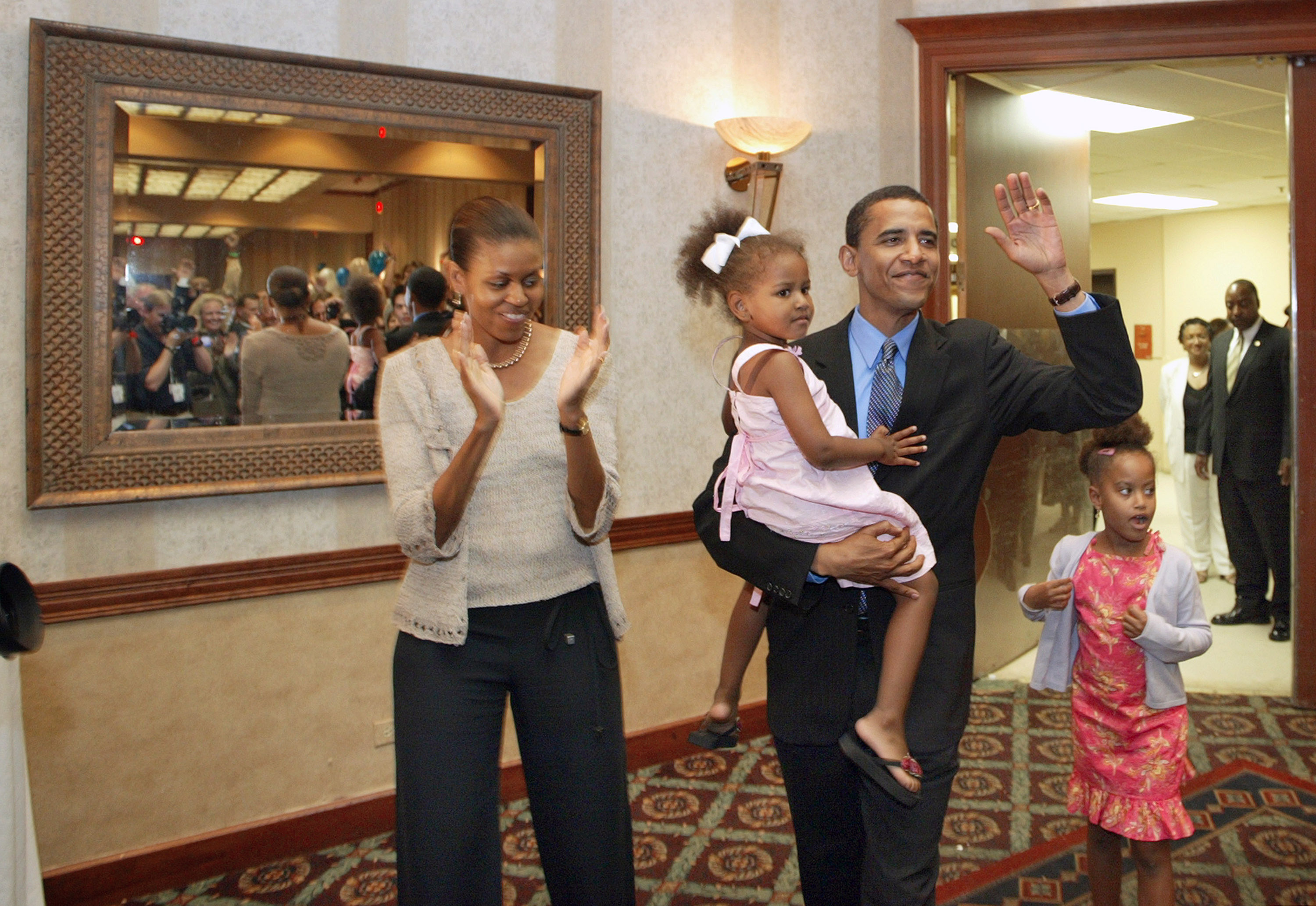 Barack Obama during a fundraiser with his wife Michelle Obama and daughters Sasha and Malia Obama for his 43rd birthday celebration on August 4, 2004, in Matteson, Illinois | Source: Getty Images