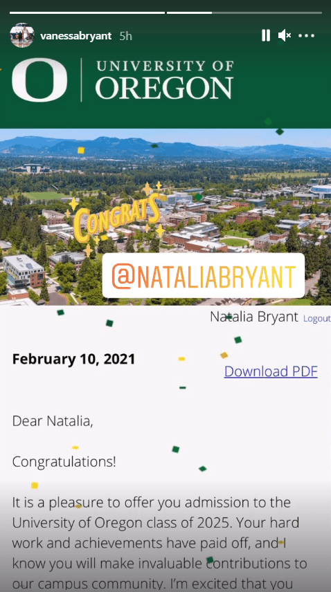 Screenshot of photo of Natalia Bryant's University of Oregon acceptance letter. | Source: Instagram/vanessabryant