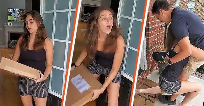 Girl falls to her knees after the deliveryman turns out to be her best friend | Photo: Reddit/r/PublicFreakout 