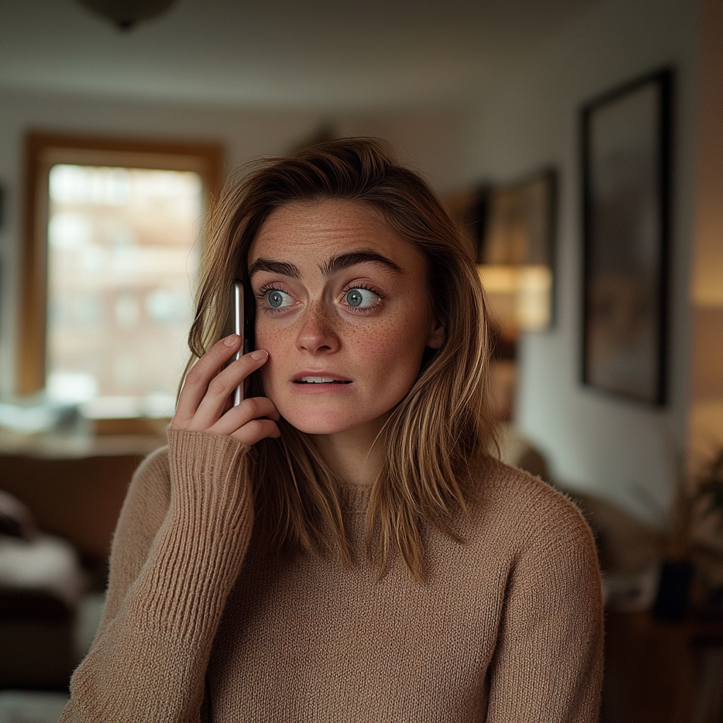 An angry and stunned woman talking on her phone | Source: Midjourney