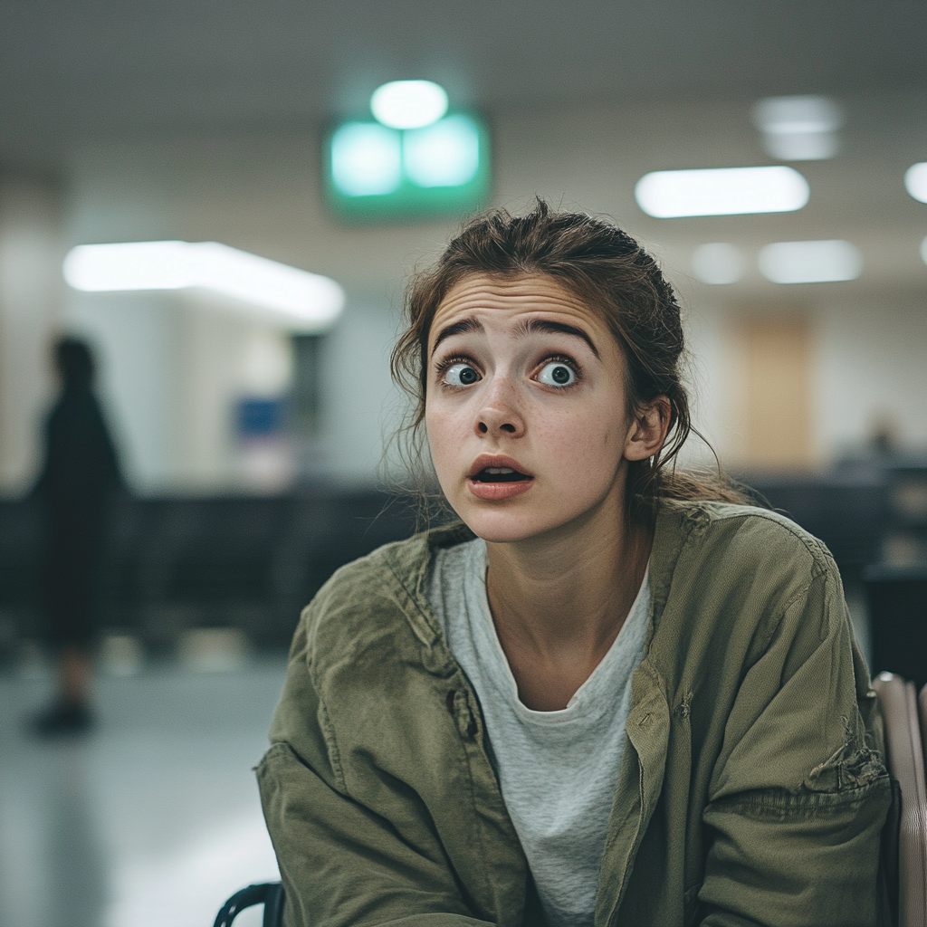 A shocked woman in a hospital waiting room | Source: Midjourney