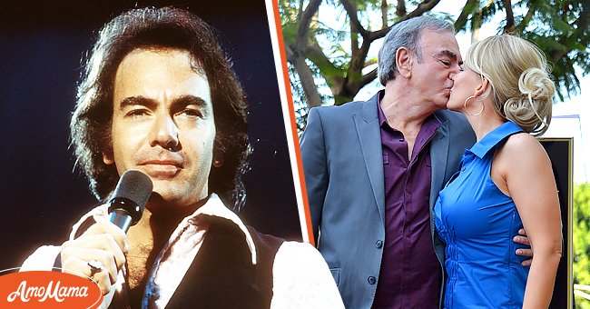 Singer Neil Diamond performs onstage in circa 1977 in Los Angeles. [Left] | Singer Neil Diamond and wife Katie McNeil attend a ceremony honoring Neil Diamond with a star on the Hollywood Walk of Fame on August 10, 2012  [Right] | Photo: Getty Images