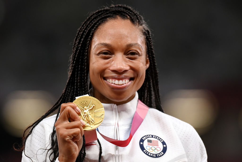 Allyson Felix of Team United States stands on the podium during the medal ceremony for the Women's 4 x 400m Relay on day fifteen of the Tokyo 2020 Olympic Games at Olympic Stadium on August 07, 2021. | Photo: Getty Images