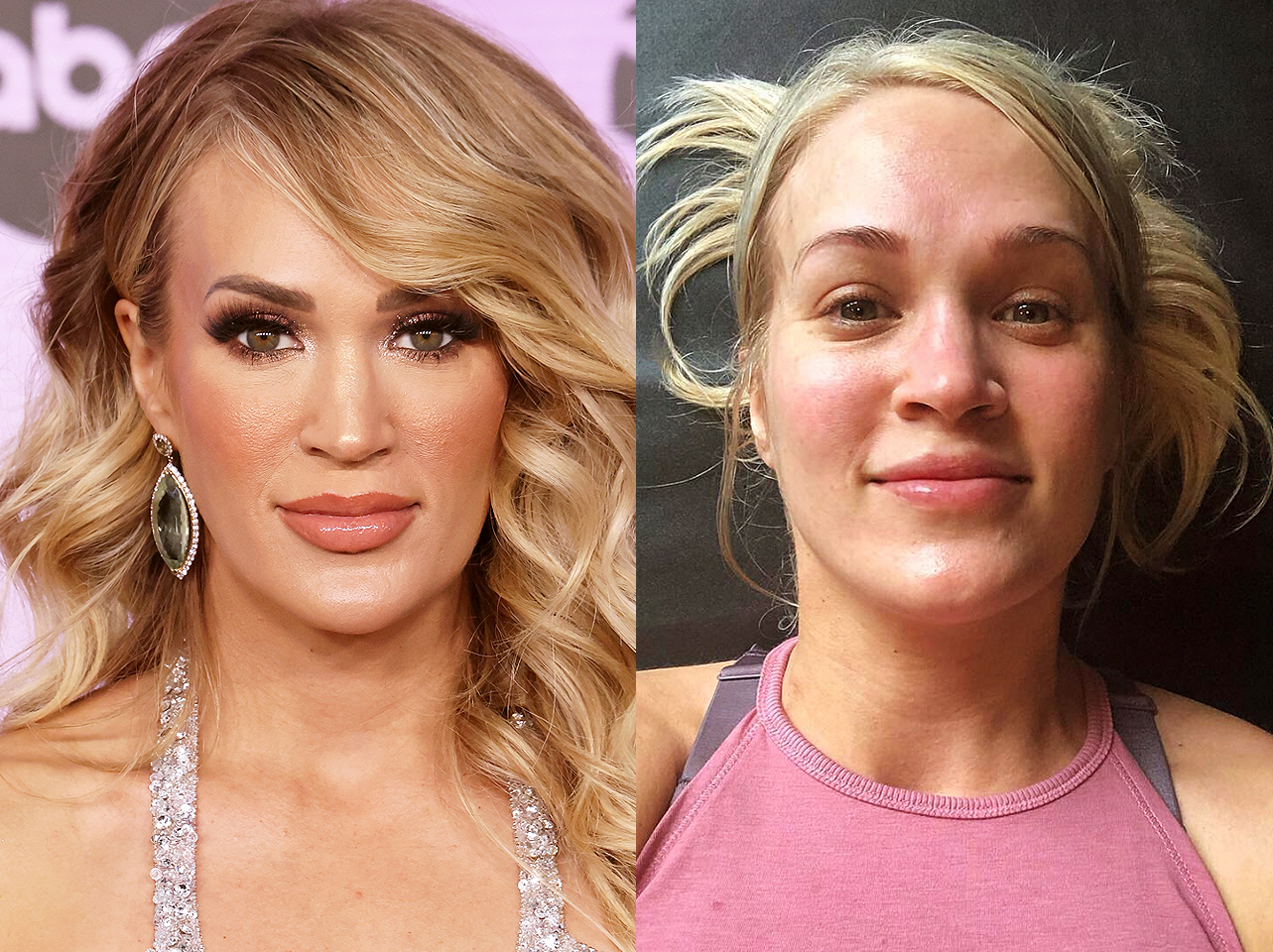 Carrie Underwood with makeup vs without makeup | Source: Getty Images | Instagram/carrieunderwood