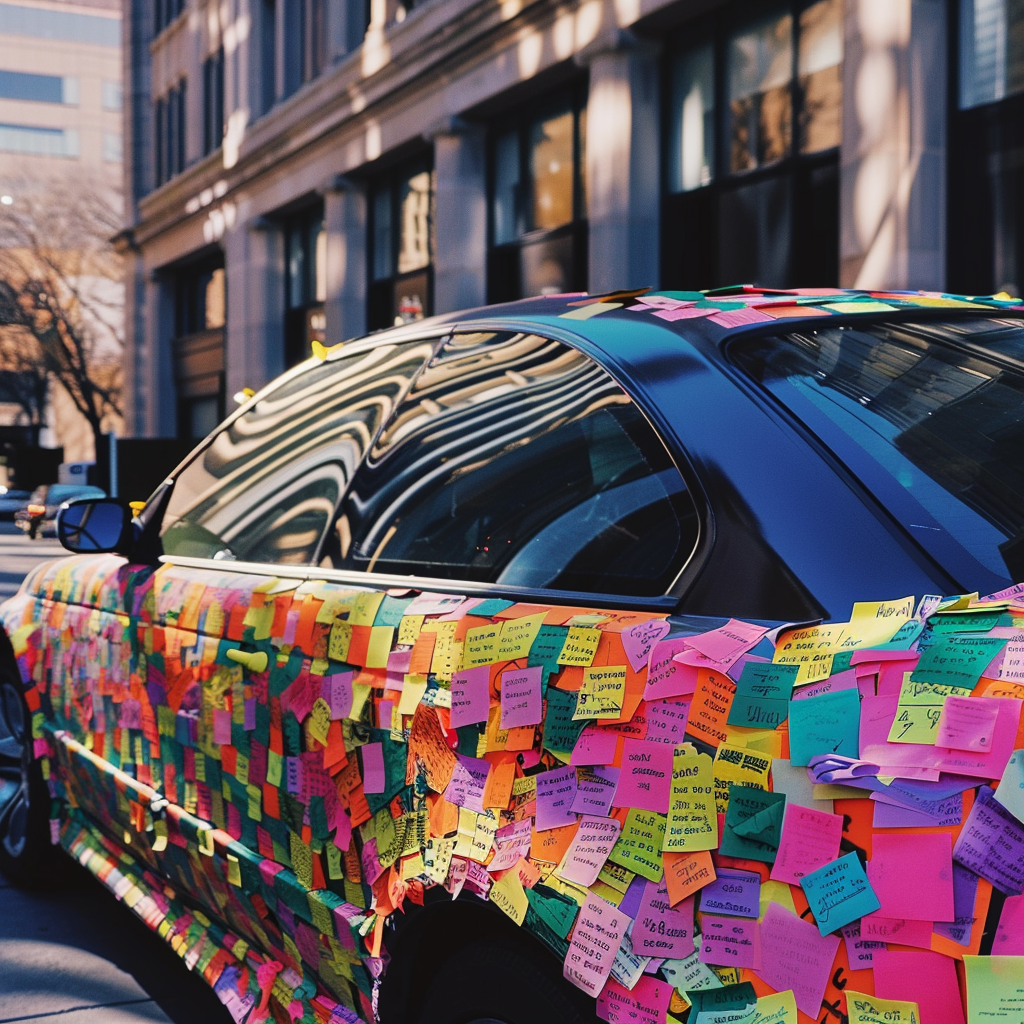 A car covered in sticky notes | Source: Midjourney