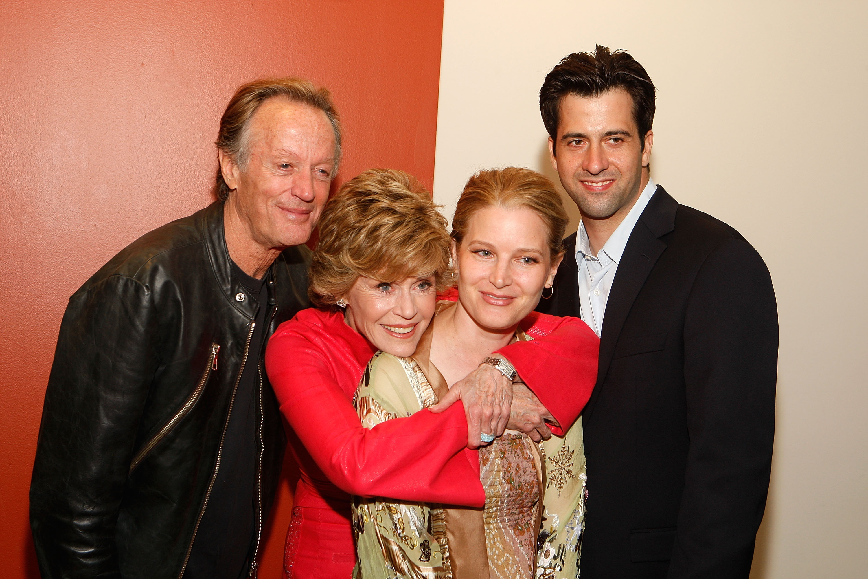 Peter Fonda, Jane Fonda, Bridget Fonda and Troy Garity pose for a family portrait inside the "Three Generations of Fonda on Film" benefit at the Woodruff Arts Center on May 13, 2008 in Atlanta, Georgia. | Source: Getty Images