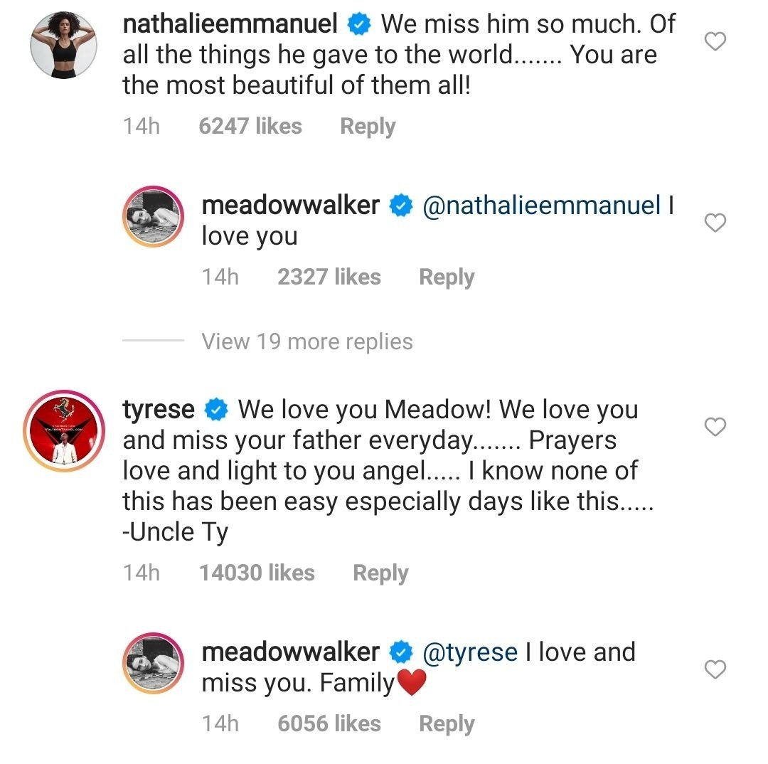 Paul Walker's co-stars in "Fast and Furious," Nathalie Emmanuel and Tyrese Gibson's comments on Meadow's post on Instagram | Photo: Instagram/meadowwalker