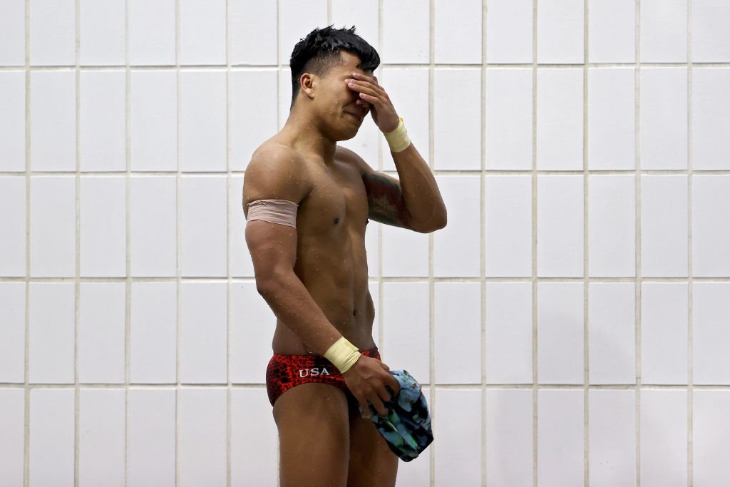 Jordan Windle reacts after placing second in the men's 10 meter platform final and qualifying for the Olympic team during the 2021 U.S Olympic trials  - Diving - Day 7 at Indiana University Natatorium on June 12, 2021 in Indianapolis, Indiana | Photo: Dylan Buell/ Getty Images