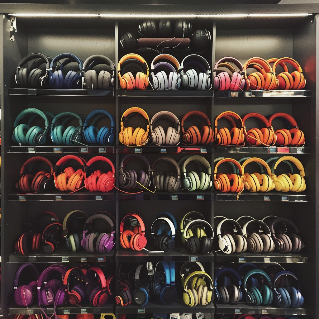 A shelf of headphones | Source: Midjourney