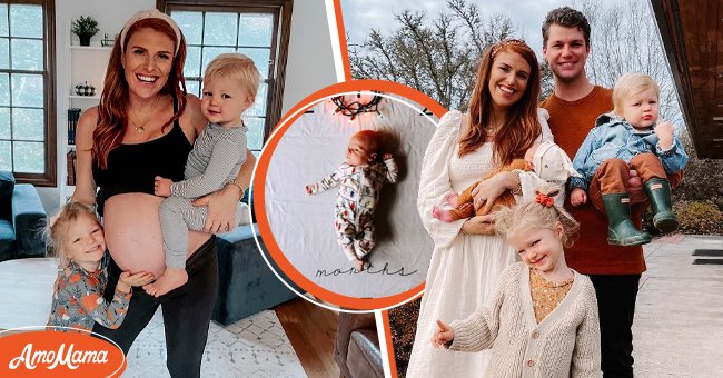 Audery Roloff, while pregnant, posed with her two children, Ember and Bode [Left] Jeremy and Audrey Roloff with their three children [Right]. The Roloff's youngest child, Radley, posed of his one month update [Center] | Photo: Instagram/Audreyroloff
