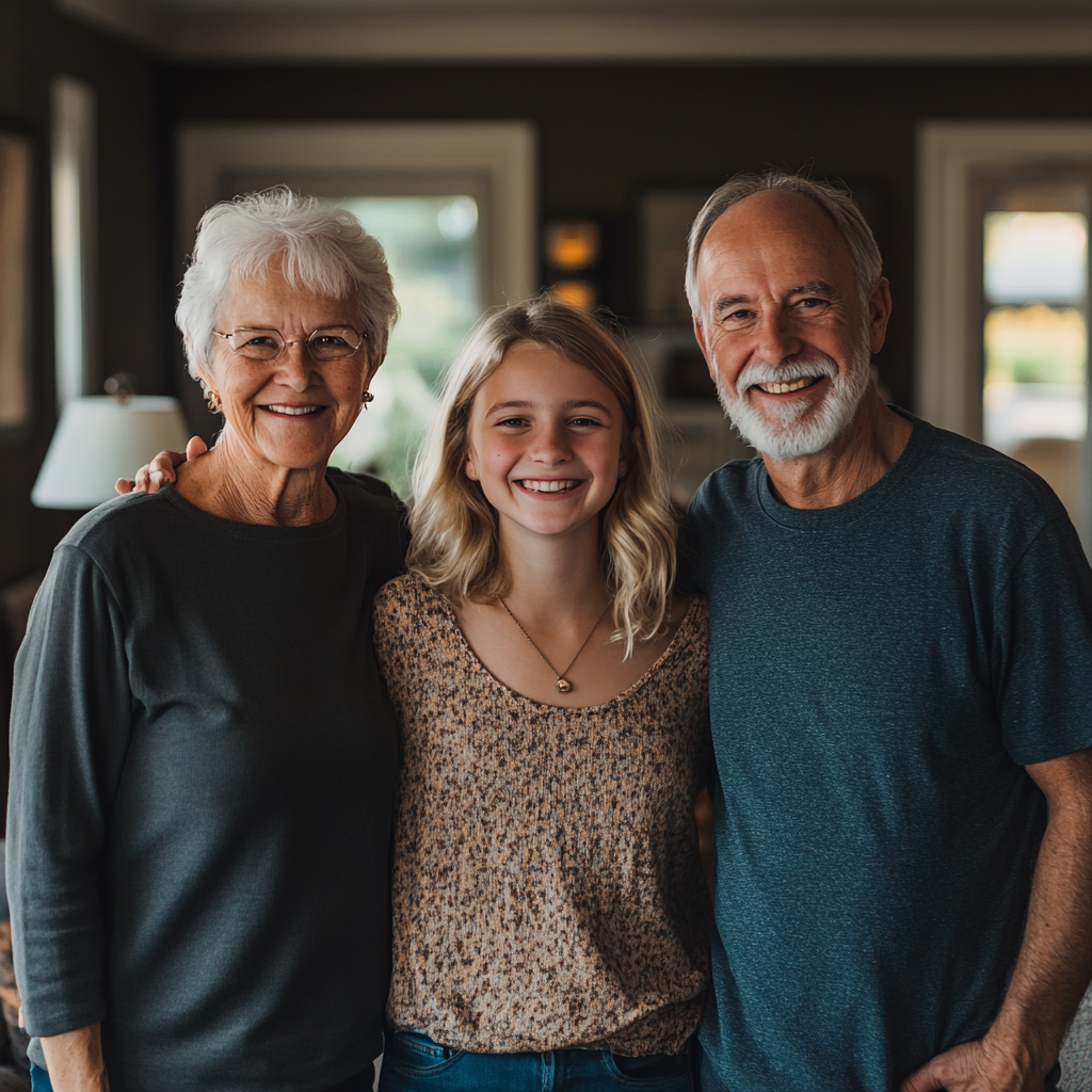 A girl with her grandparents | Source: Midjourney