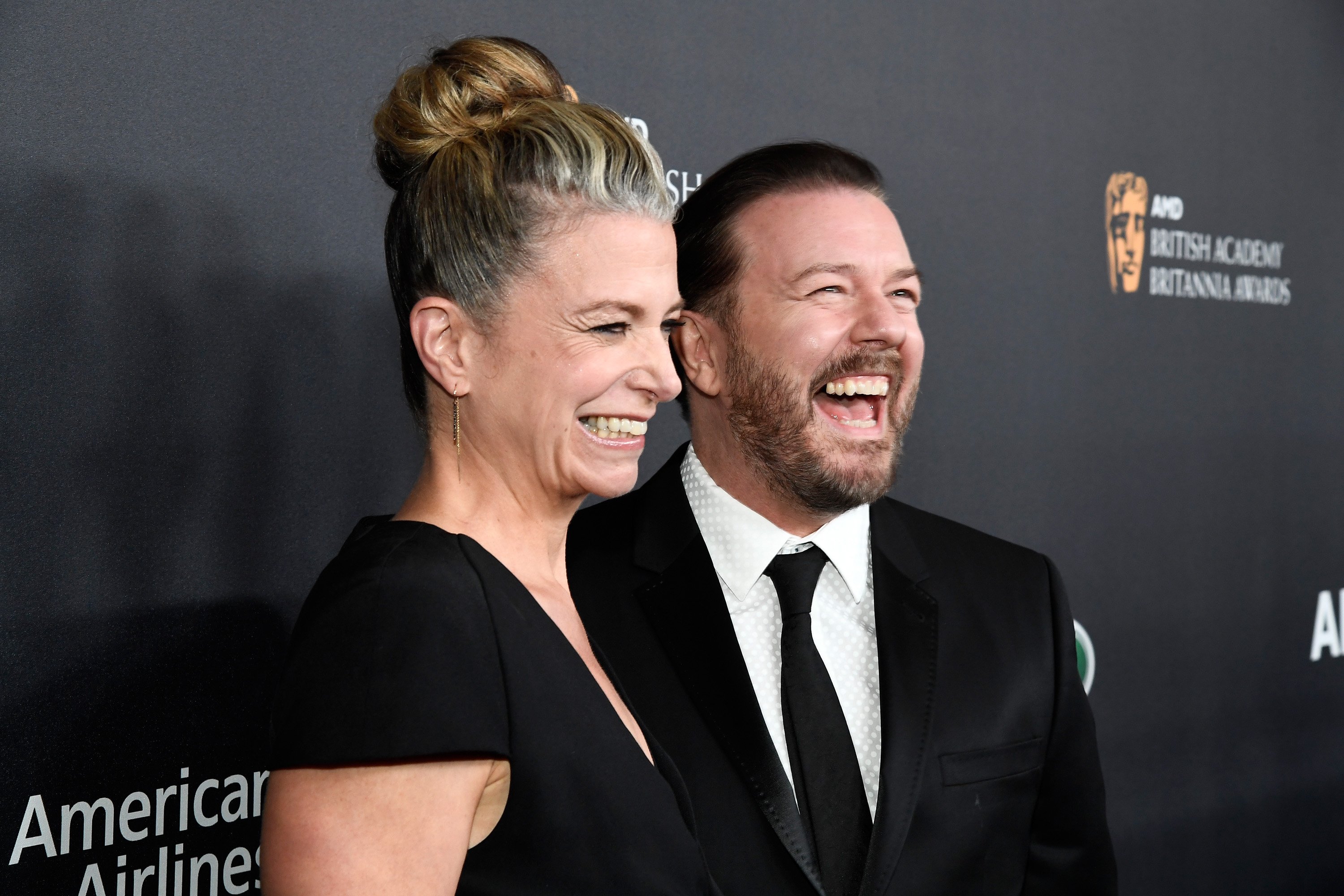 Jane Fallon and Ricky Gervais attend the 2016 AMD British Academy Britannia Awards on October 28, 2016, in Beverly Hills, California. | Source: Getty Images