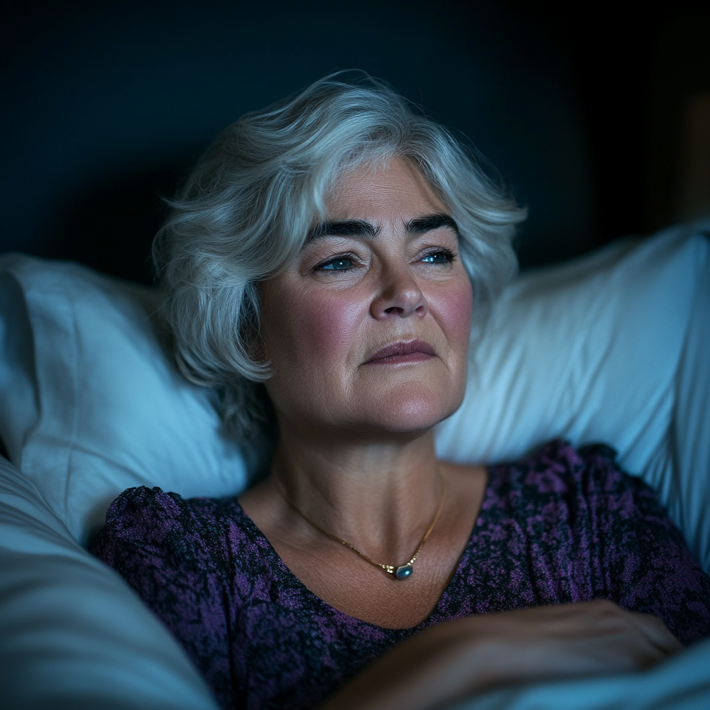 A sad and worried woman lies in bed awake at night | Source: Midjourney