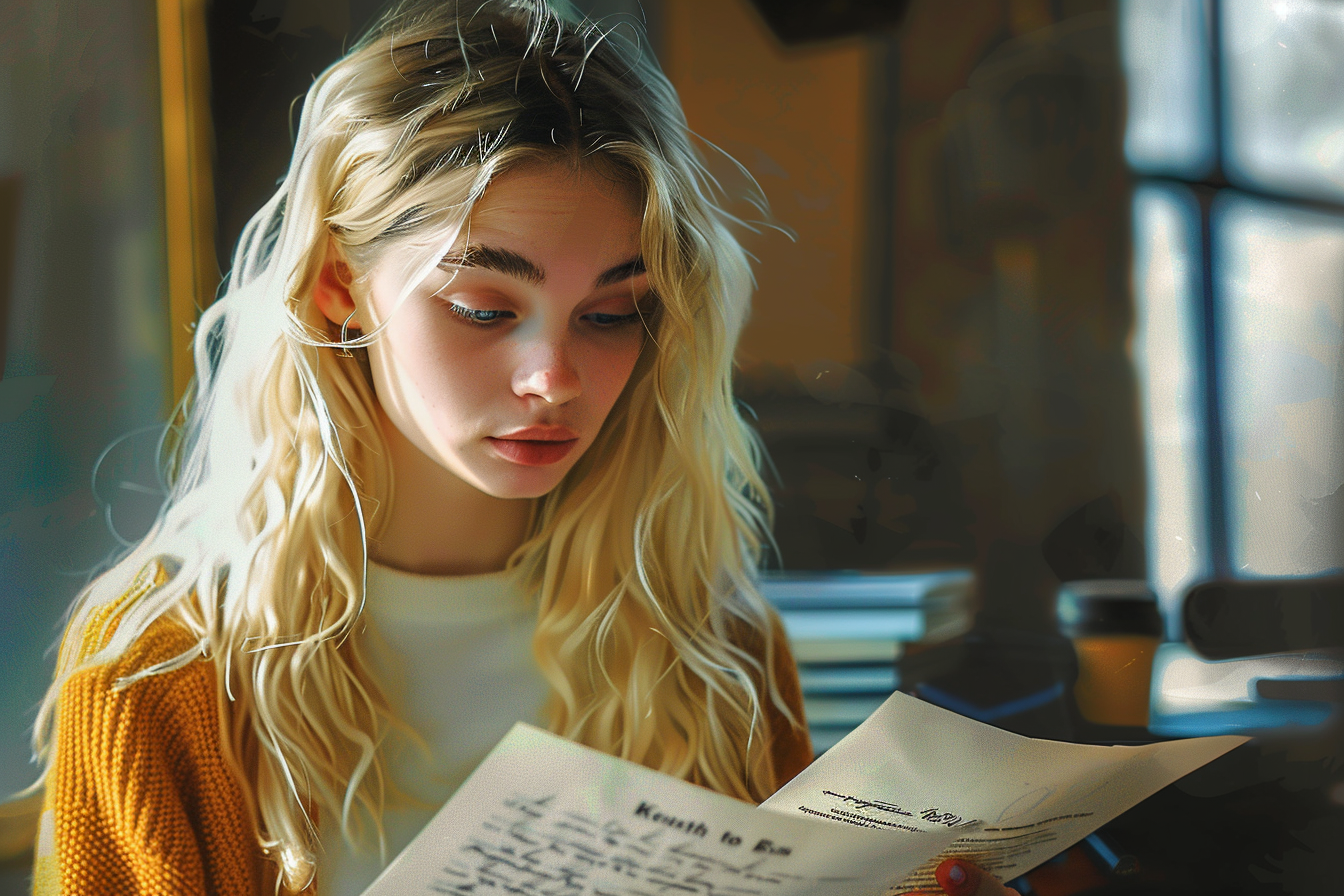 A woman reading some papers | Source: Midjourney