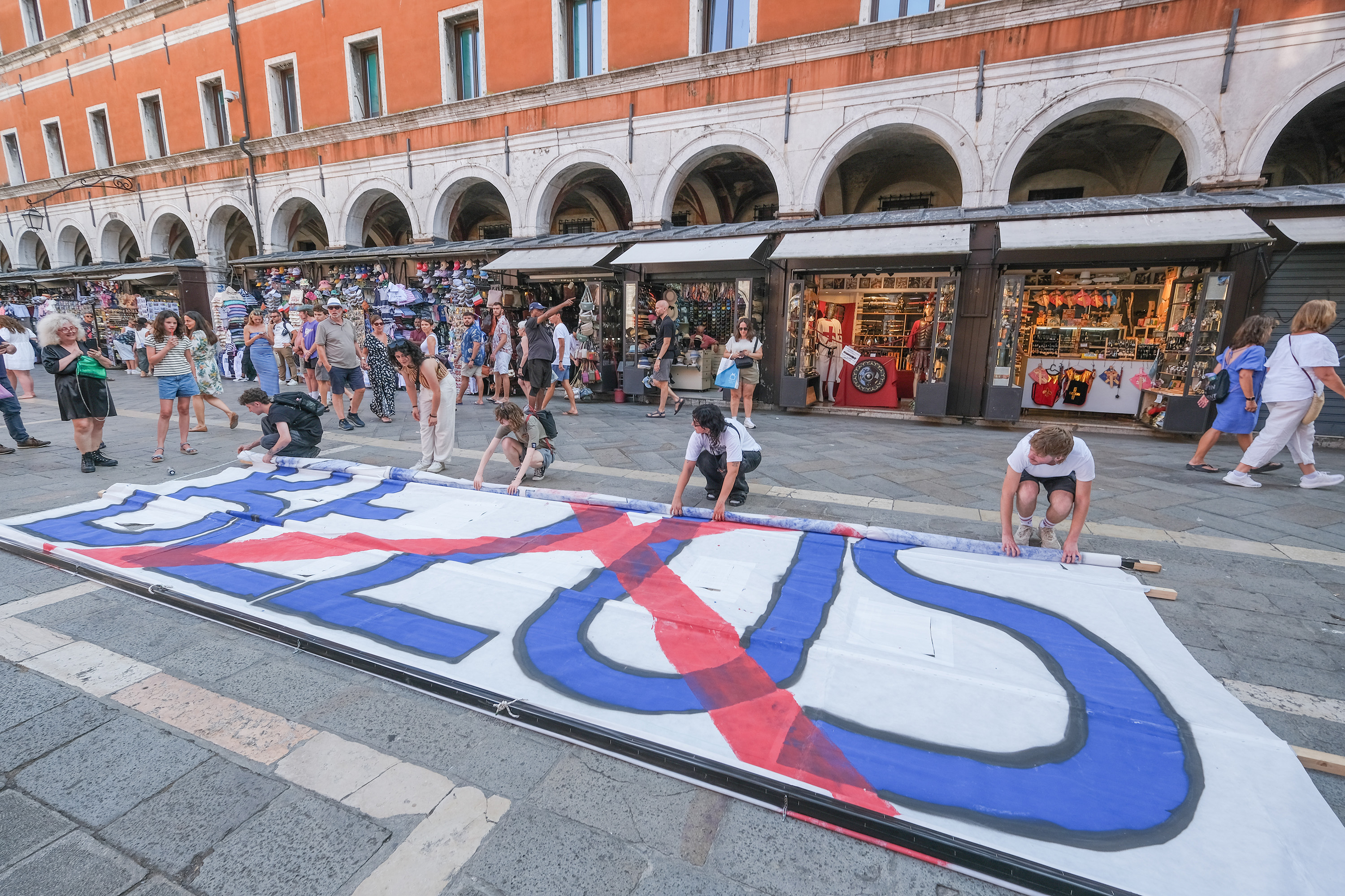 "No Space For Bezos" activists gathered in Campo San Giacomo di Rialto to organise protests against the wedding to be held in Venice from 26 to 28 June 2025 on June 13, 2025 in Venice, Italy. | Source: Getty Images