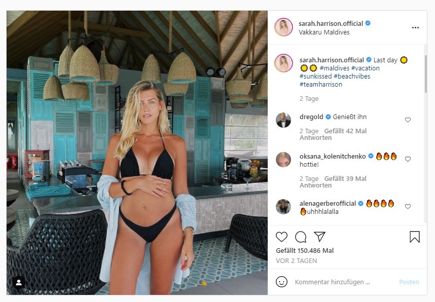 Sarah Harrison posiert im Urlaub auf den Malediven | Quelle: Instagram / sarah.harrison.official