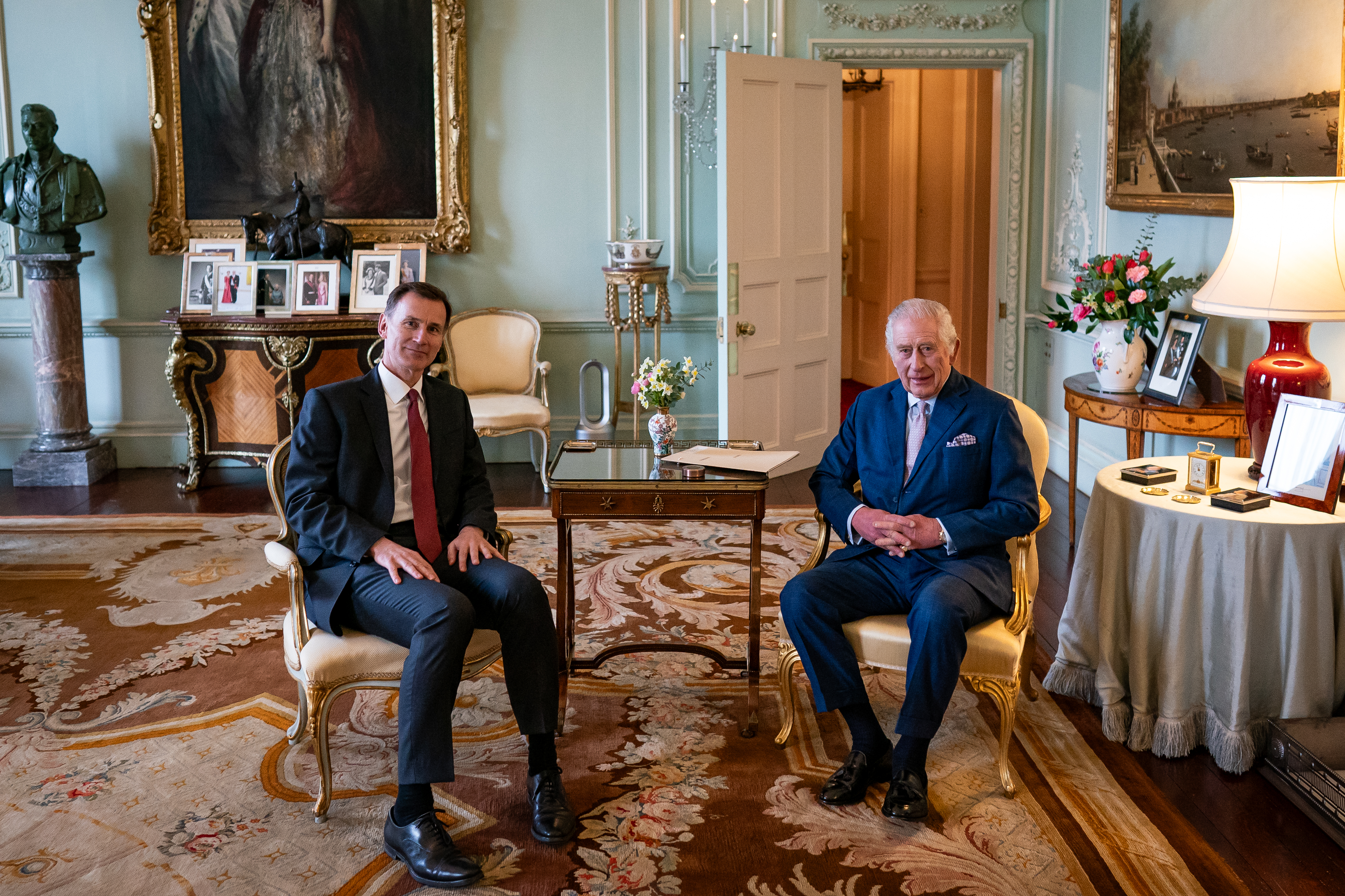 King Charles III meets with Chancellor of the Exchequer Jeremy Hunt in the private audience room at Buckingham Palace on March 5, 2024 in London, England | Source: Getty Images