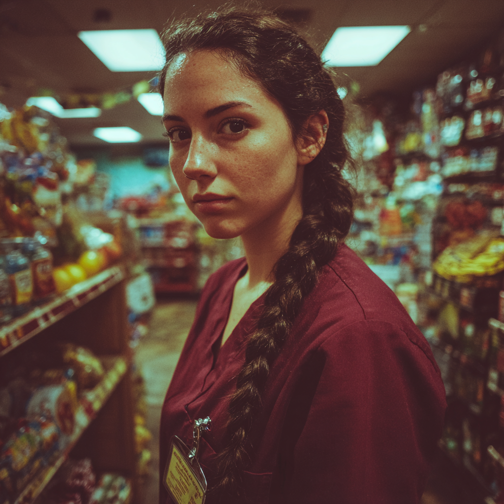 A pensive nurse wearing maroon scrubs | Source: Midjourney