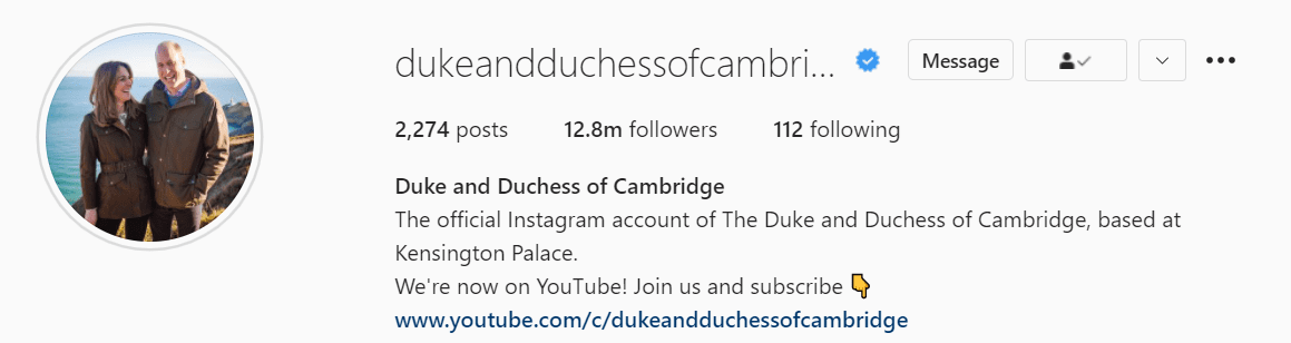 A look at the Duke and Duchess new Instagram name. | Photo: Instagram/dukeandduchessofcambridge