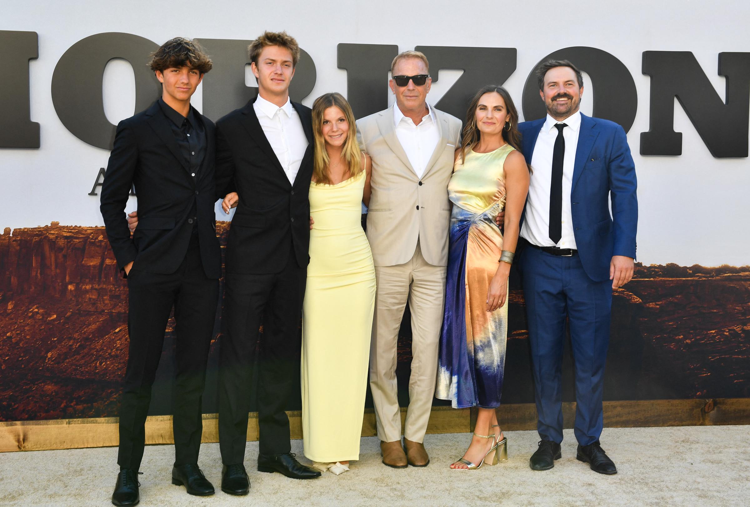 Hayes, Cayden Wyatt, Grace, Kevin, Annie, and Joe Costner attend the premiere of "Horizon: An American Saga Chapter 1" in Westwood, California, on June 24, 2024. | Source: Getty Images