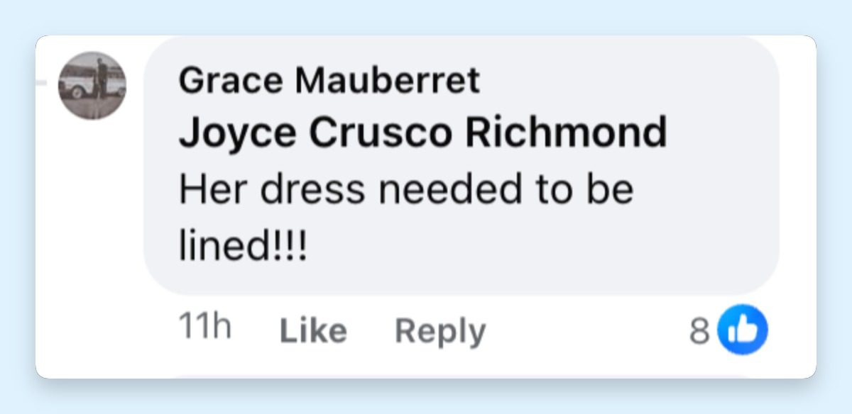 A netizen's comment about Ava Sambora's dress on her wedding on May 16, 2026 | Source: Facebook/Page Six