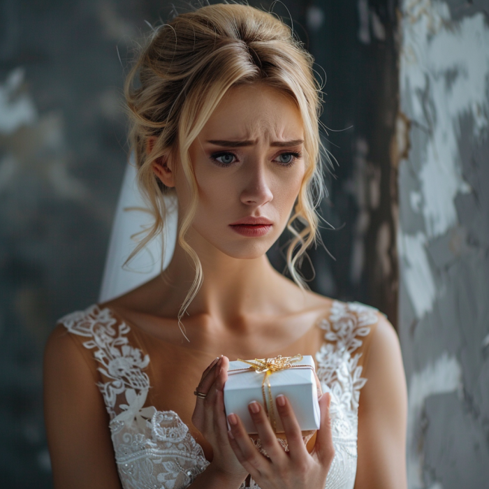 A bride feeling angry and displeased while holding a gift box | Source: Midjourney