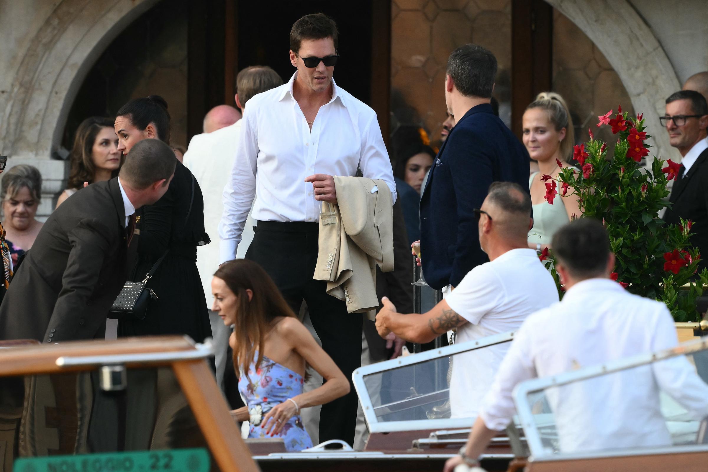 Tom Brady ahead of Jeff Bezos and Lauren Sánchez's wedding in Venice on June 26, 2026. | Source: Getty Images
