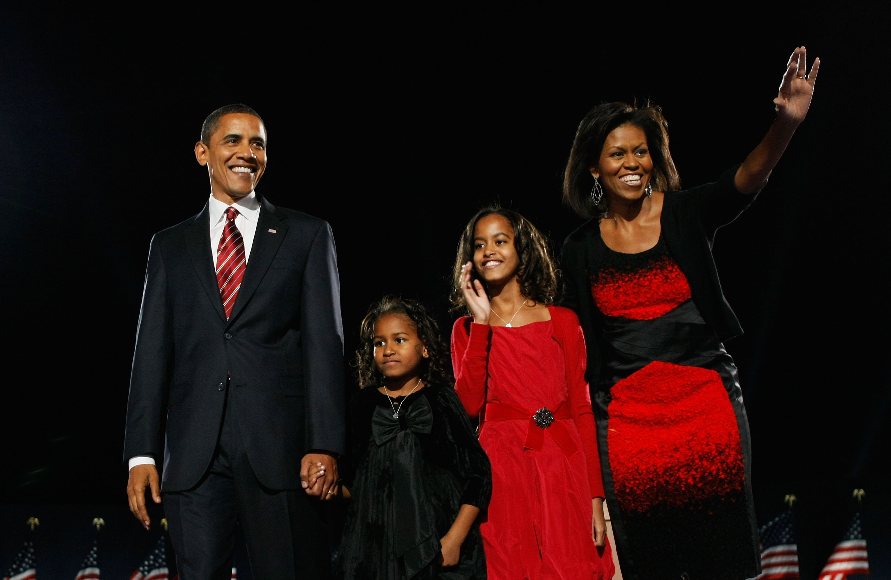 Barack, Sasha, Malia, and Michelle Obama during an election night gathering in Grant Park in Chicago, Illinois on November 4, 2008. | Source: Getty Images
