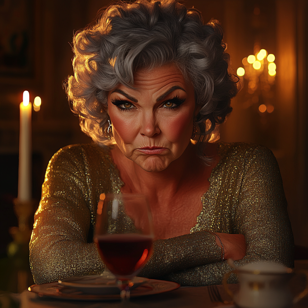 An annoyed senior woman seated at a dinner table | Source: Midjourney