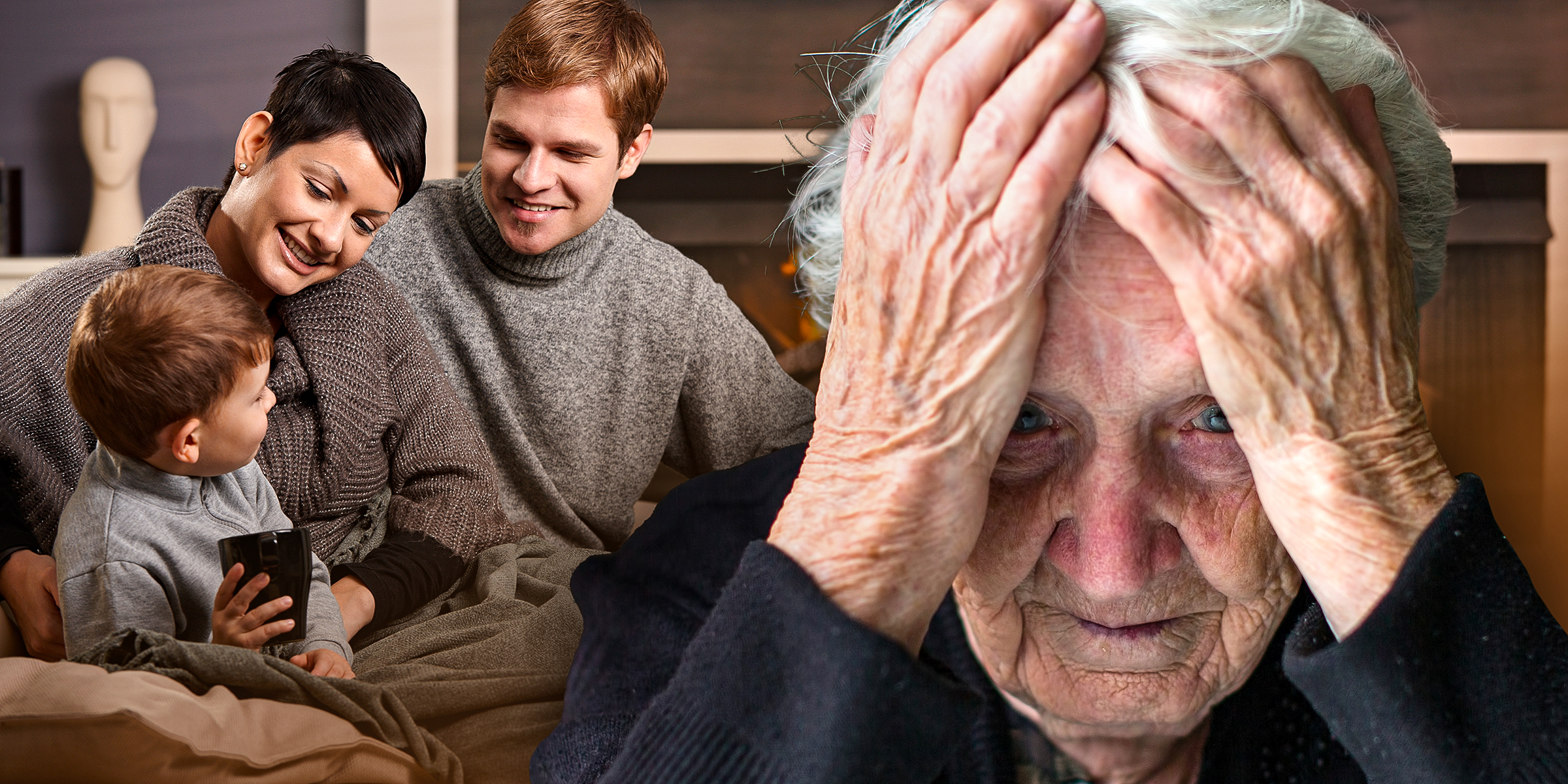 A happy family of three and a distraught older woman | Source: Shutterstock