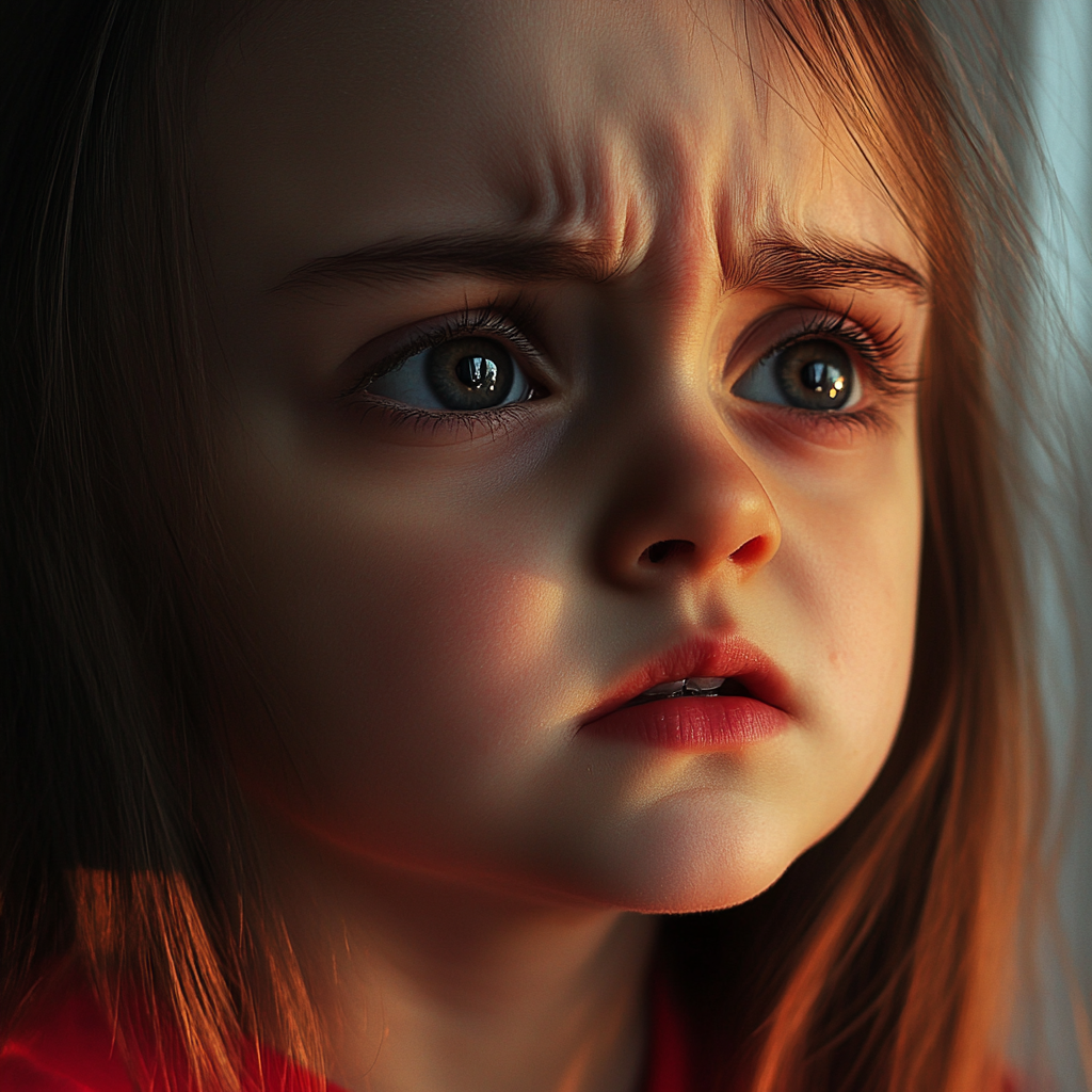 A teary-eyed little girl looking up | Source: Midjourney