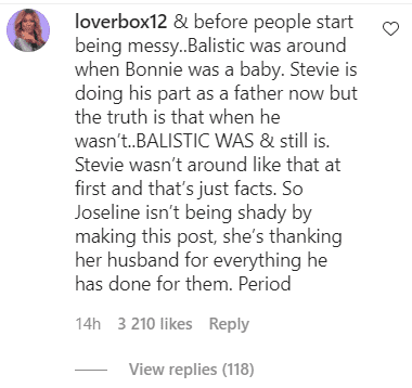 A fan's comment on Joseline Hernandez's tribute to Ballistic Beats on Father's Day. | Photo: Instagram/Joseline