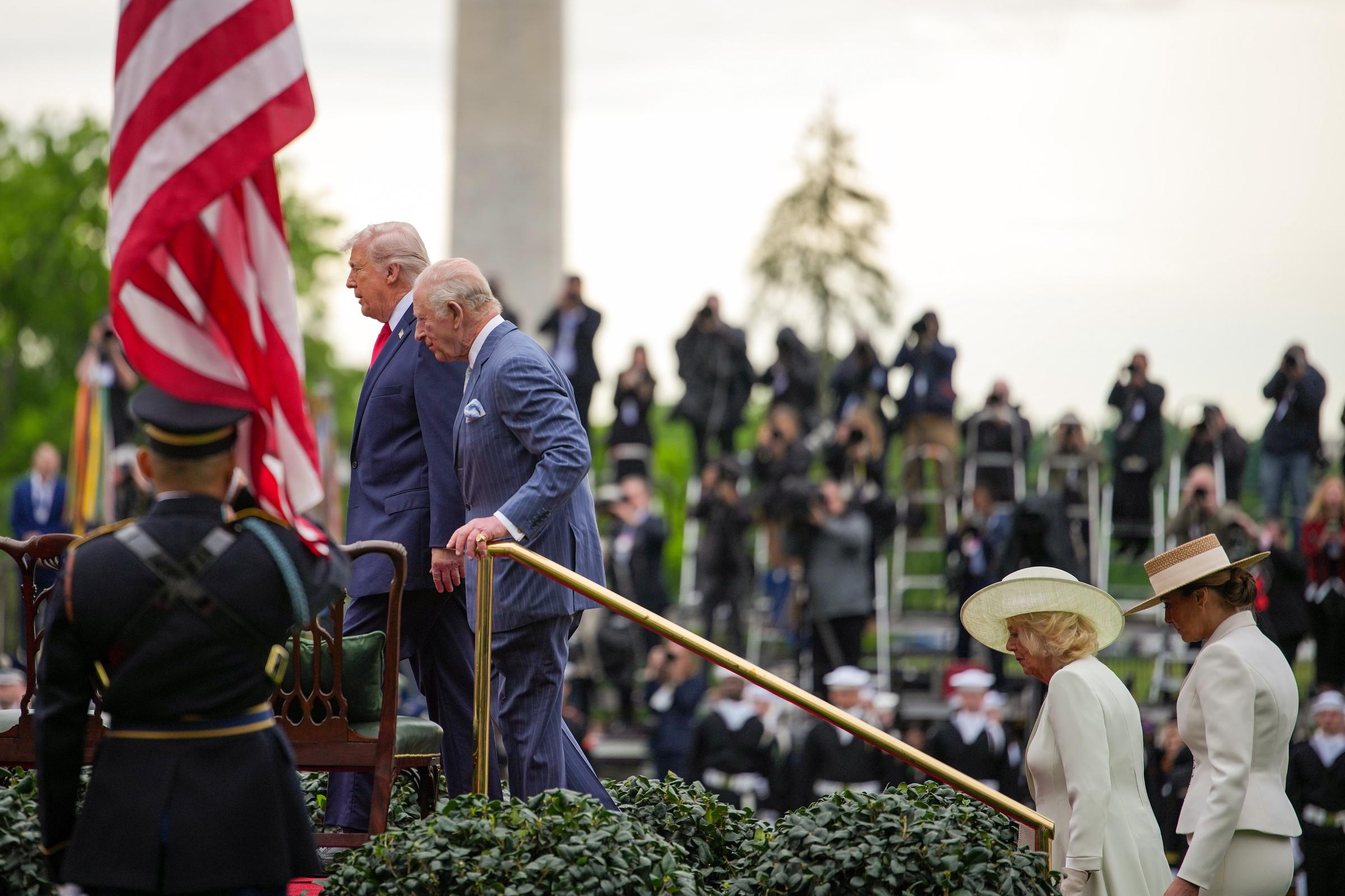 Donald Trump, King Charles III, Queen Camilla, and Melania Trump attend a State Arrival Ceremony on the White House South Lawn, April 28, 2026. | Source: Getty Images