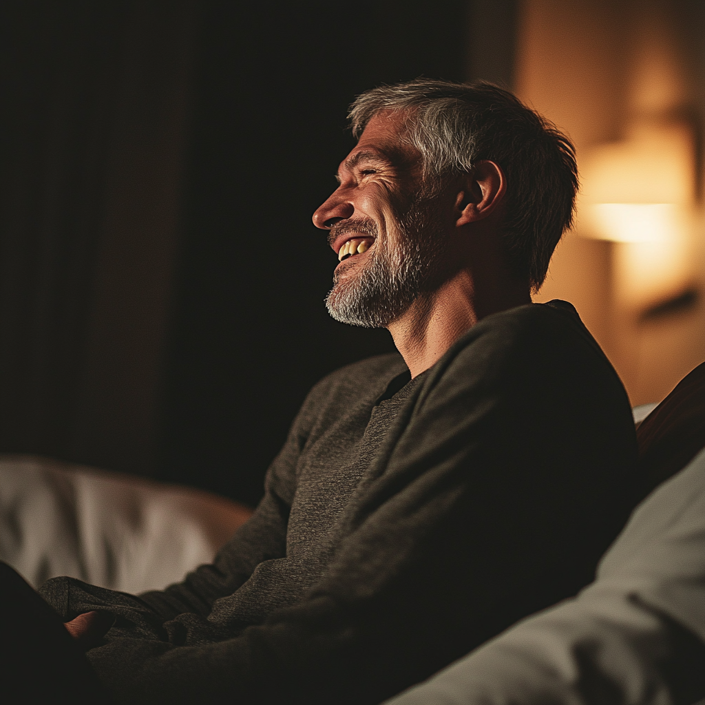 A laughing man in his cabin | Source: Midjourney